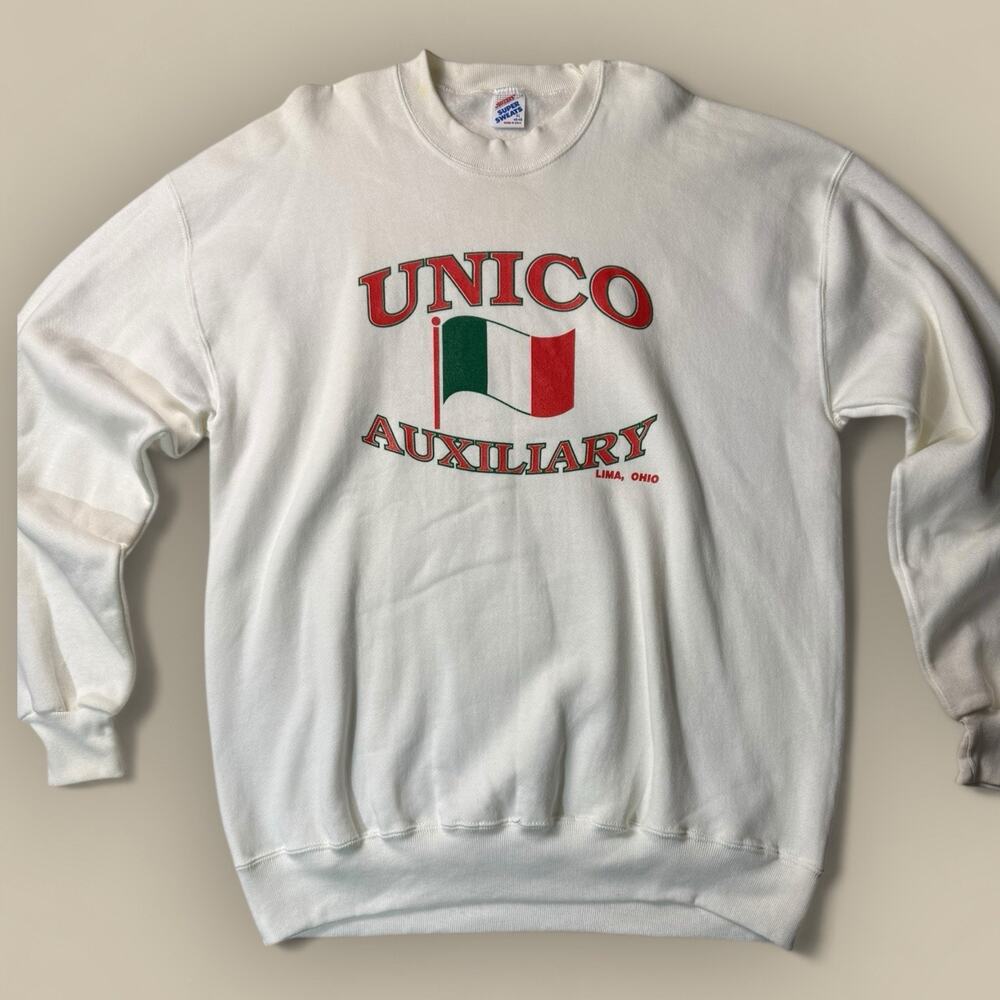 Vtg Italian Flag Sweatshirt Crew Neck Pullover Italy White XL Unico Auxiliary
